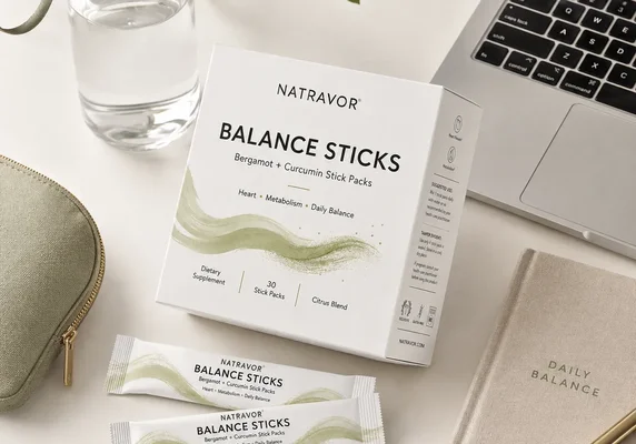 Natravor Balance Sticks product box and stick packs on a desk.
